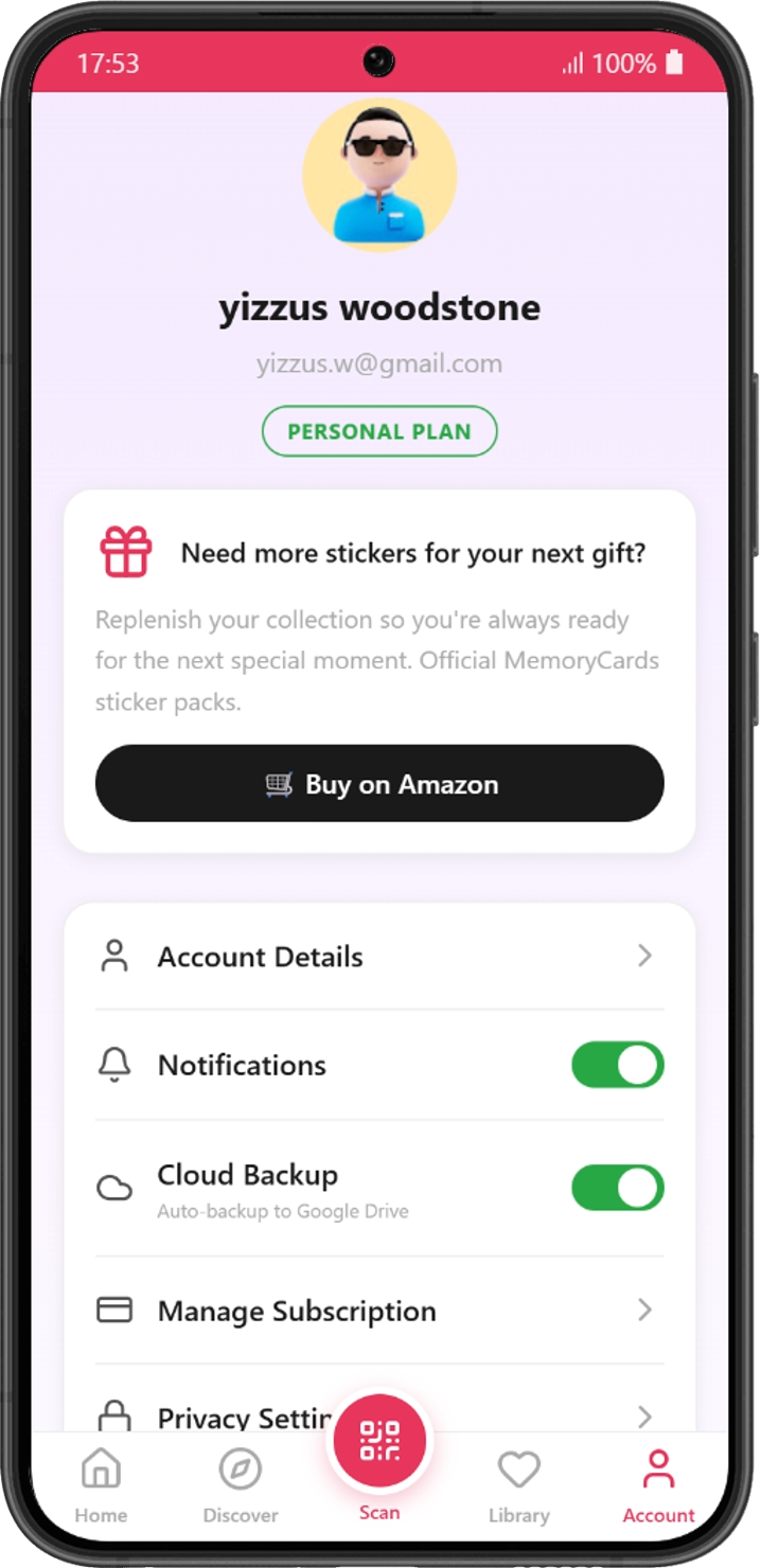 MemoryCards app: several family members adding clips to one card