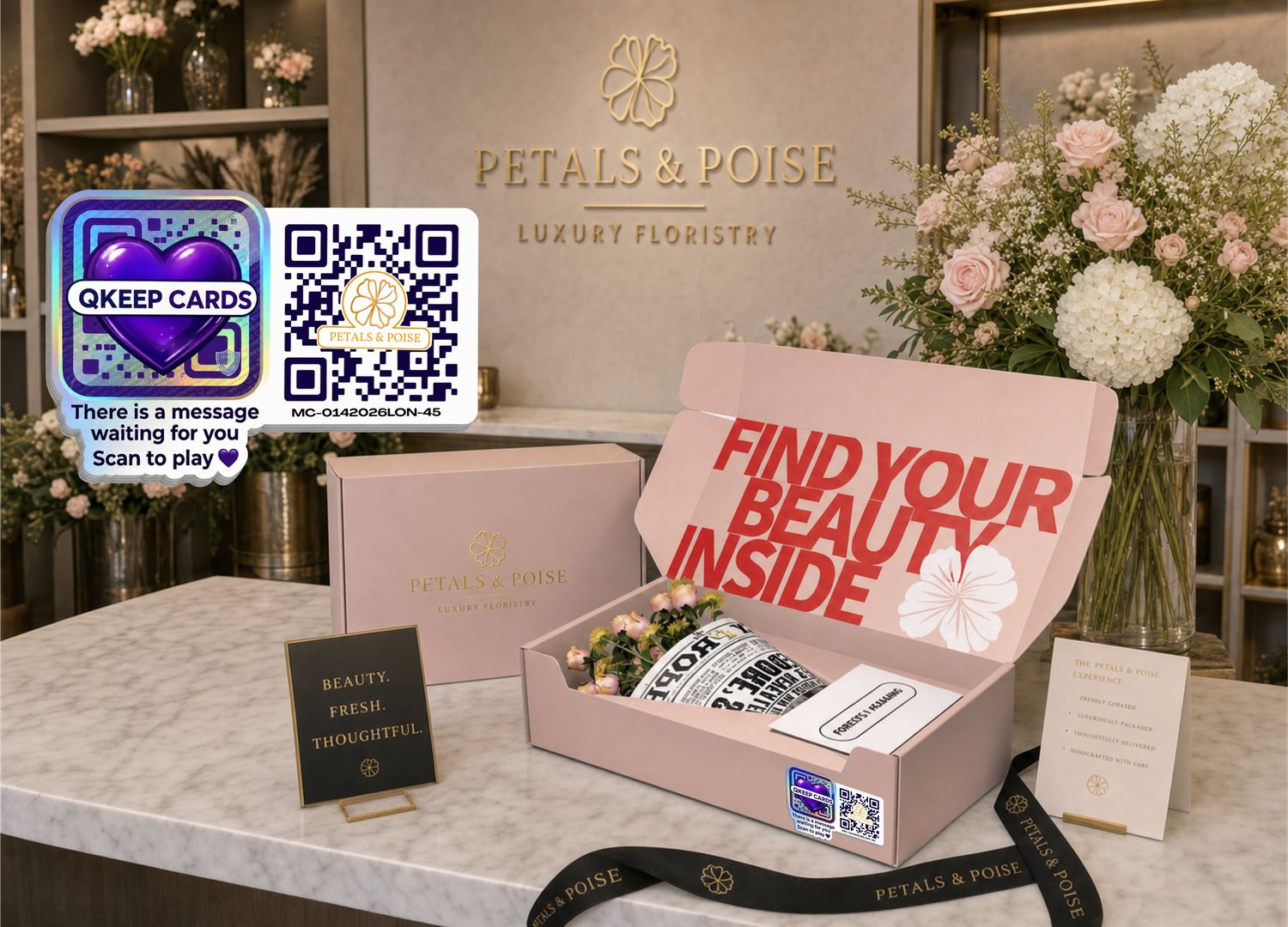 Illustration: a woman buys MemoryCards on Amazon at home, or picks up a pack from a gift shop shelf