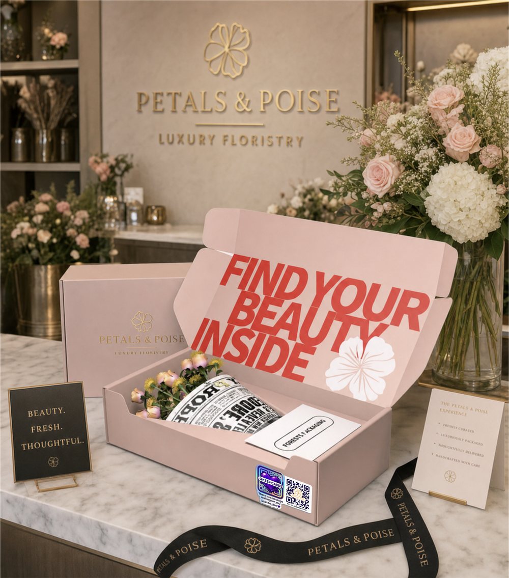 A florist's branded gift box packed and ready to ship, with a QKeep sticker on the box carrying the florist's own logo
