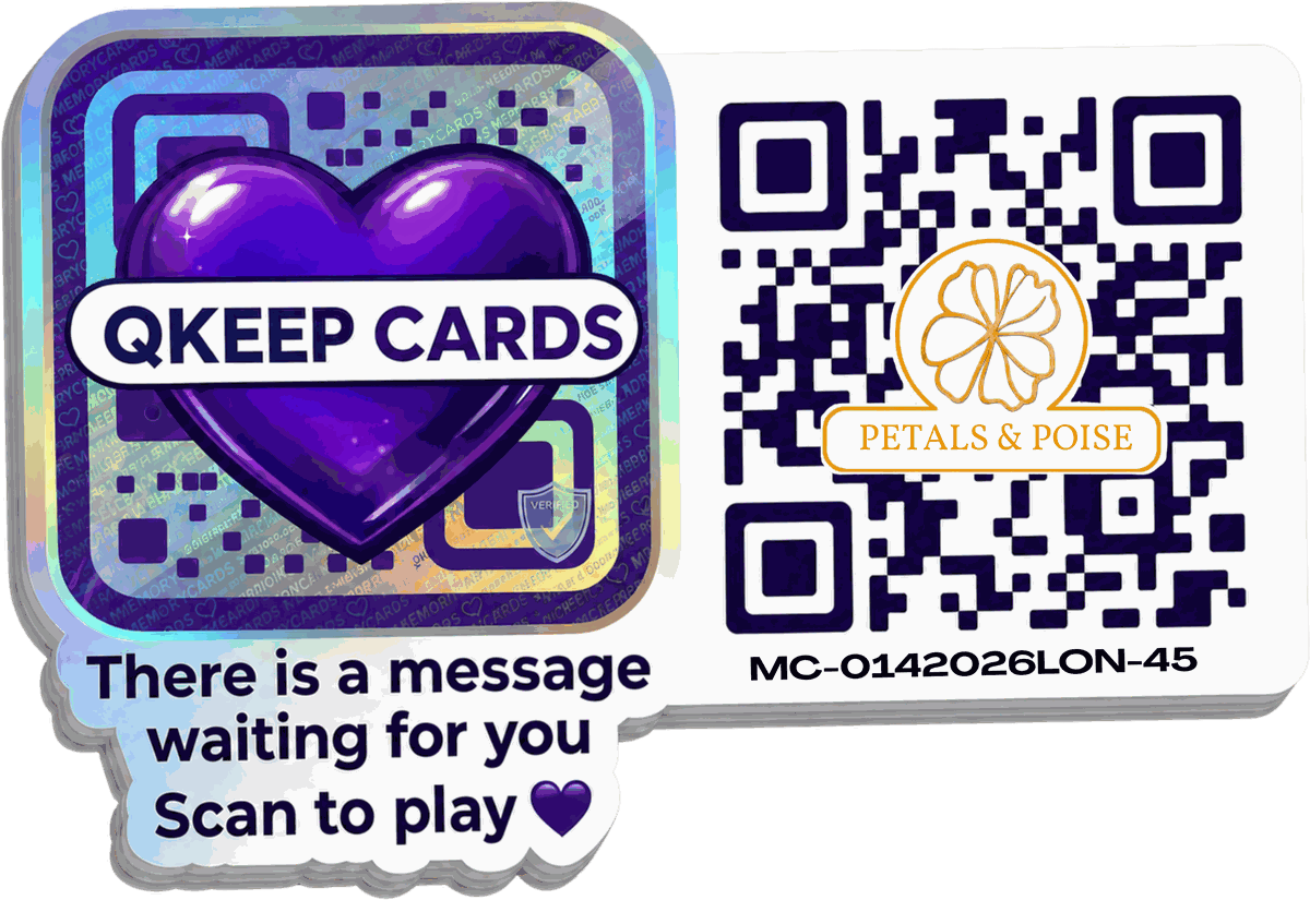 A QKeep sticker printed for a florist: the QKeep holographic panel beside a QR code carrying the florist's own logo and a unique reference
