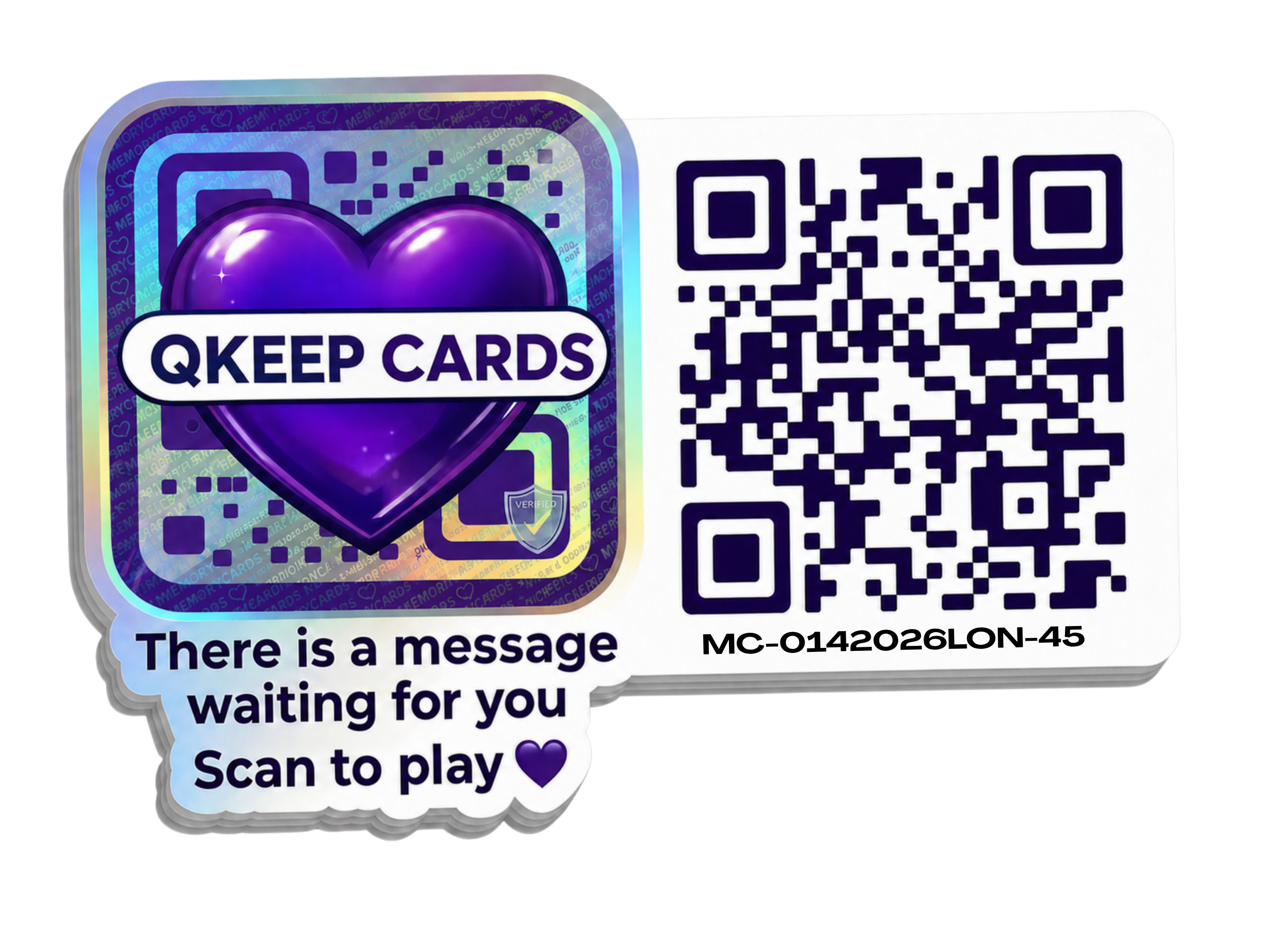A QKeep Cards sticker: a holographic panel carrying the full-colour heart logo and a certified seal, beside a QR code with its unique reference printed underneath.